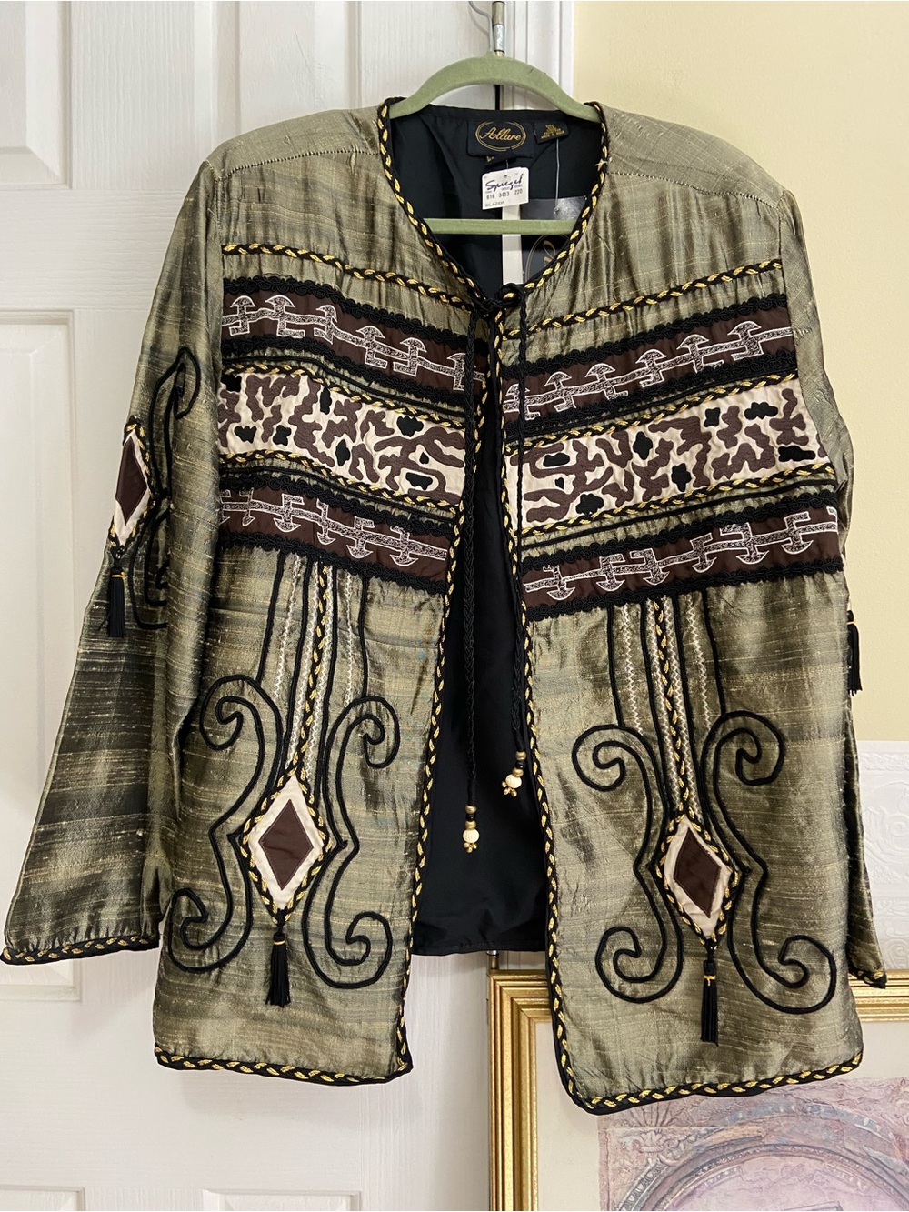 Vintage Boho Silk Embellished Open Front Jacket Sage Green Size 1X NEW Spiegel